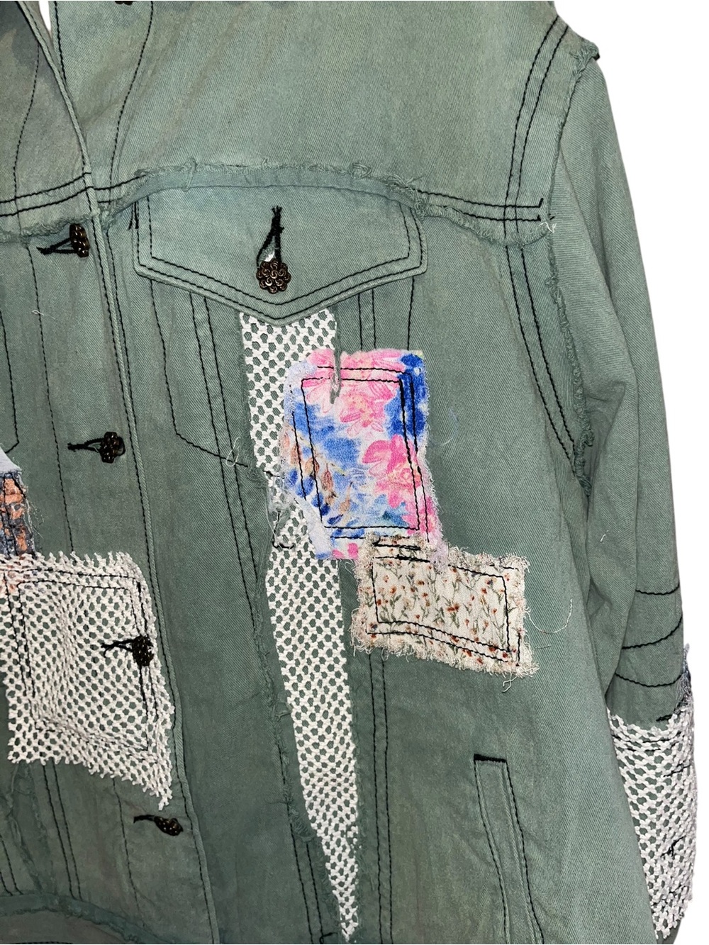 POL L Patchwork Denim Jacket in Sea Grass - Picture 5 of 9